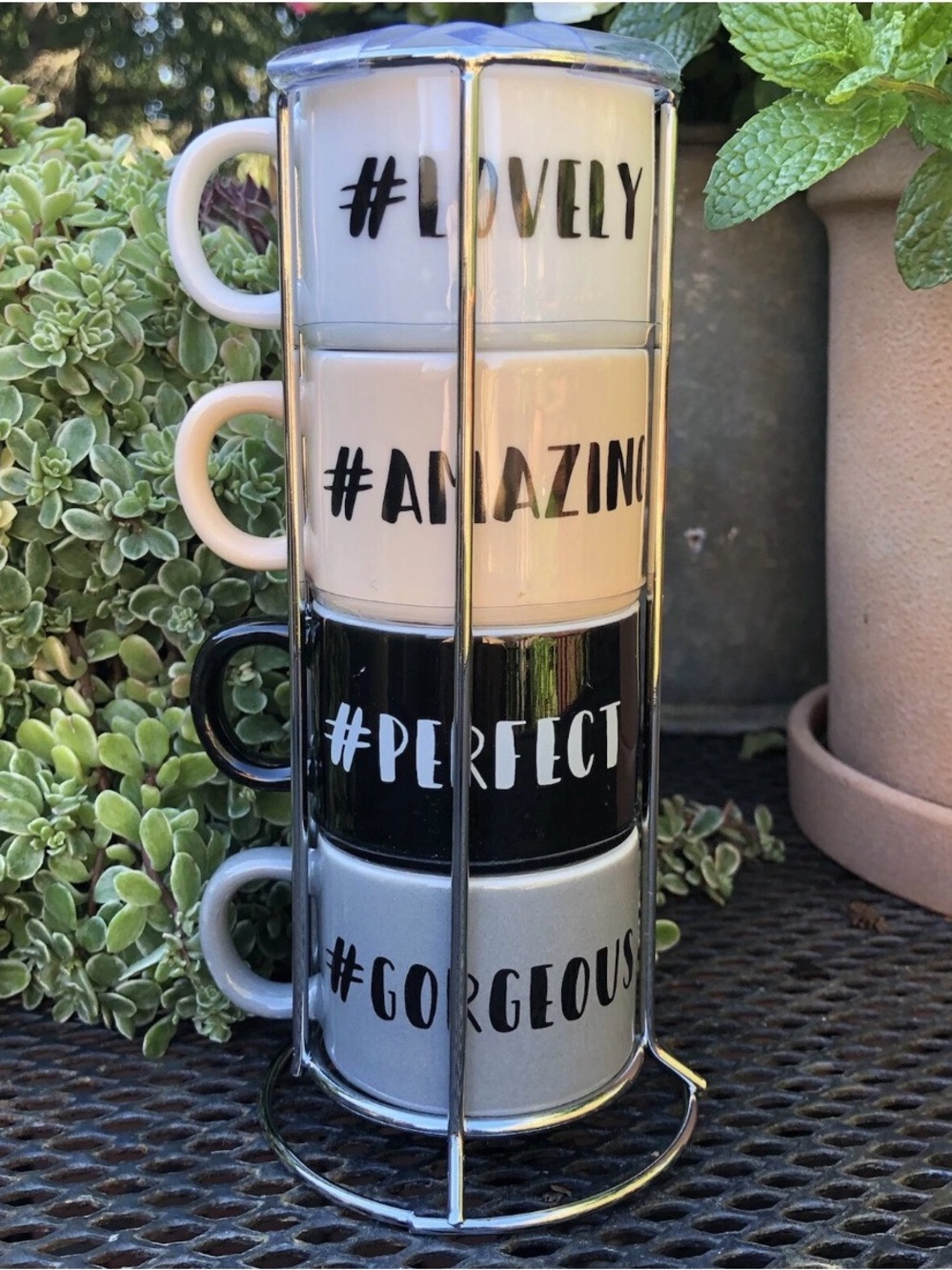 Stacked Hashtag‎ Espresso Cups - Set of 4 Lovely, Amazing, Perfect, Gorgeous New